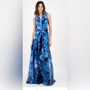 Julia Jordan Blue Floral Organza Shirt Dress Button Front waist belt missing$198